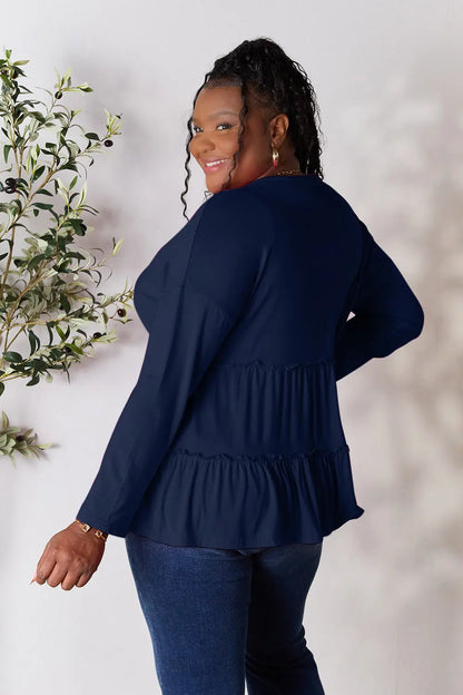 Double Take Half Button Long Sleeve Ruffle Hem Blouse – Uneeque Designzz
