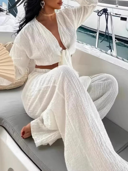 Textured Tie-Front Crop Top and Wide Leg Pants Set – Uneeque Designzz