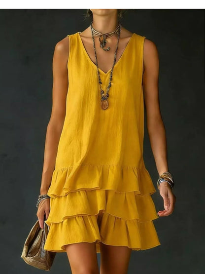 Plus Size Tiered Ruffled Hem V-Neck Sleeveless Dress Polyester – Uneeque Designzz