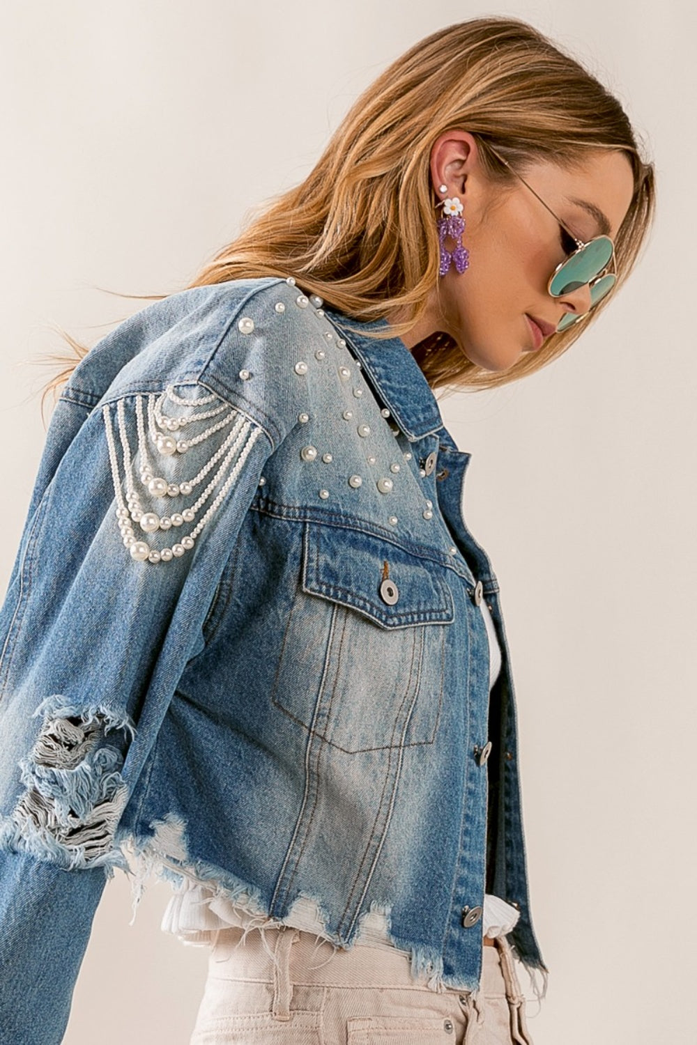 Pearl Detail Cropped Denim Jacket - Chic & Edgy | Uneeque Designzz