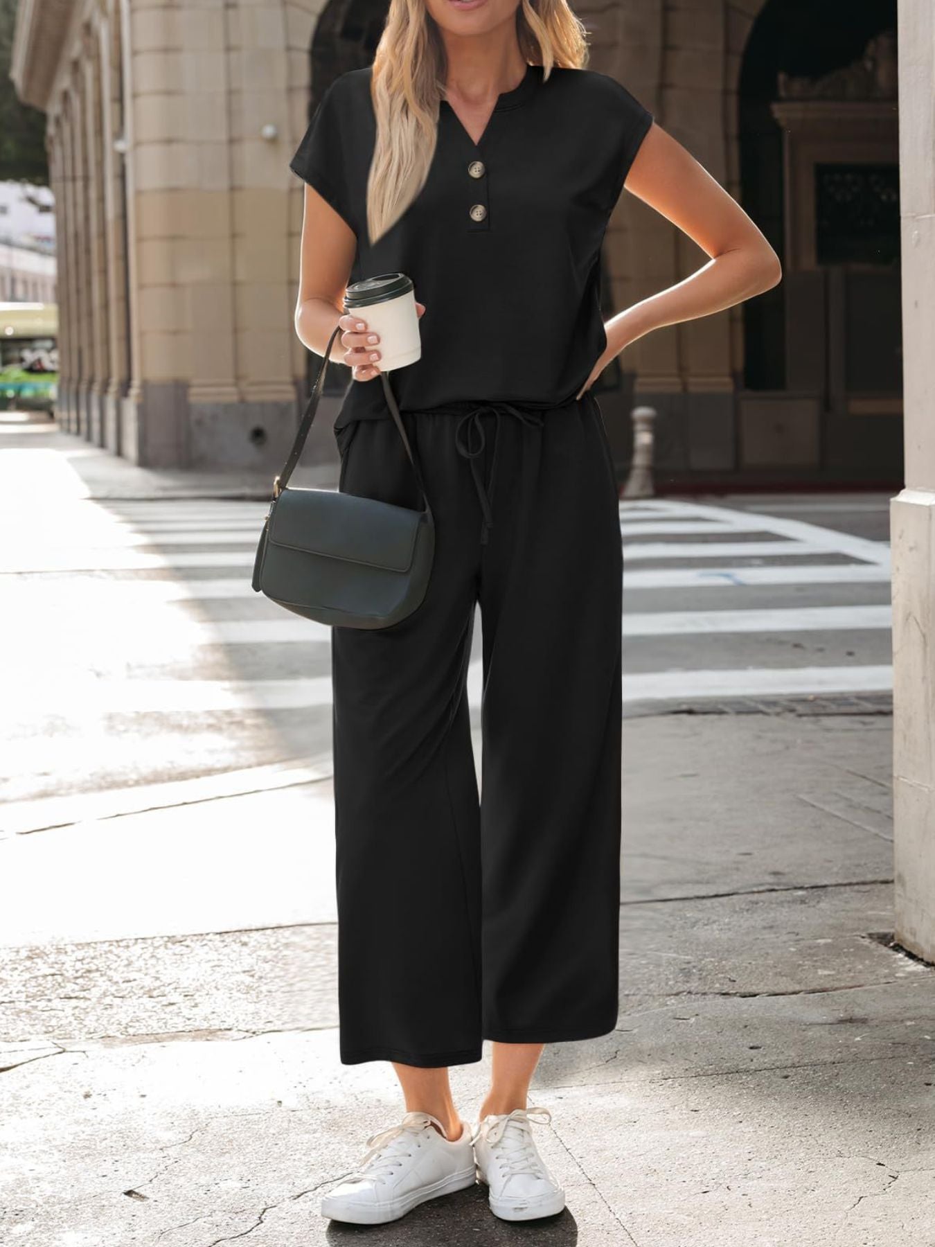 Notched Short Sleeve Top and Pants Set by Trendsi