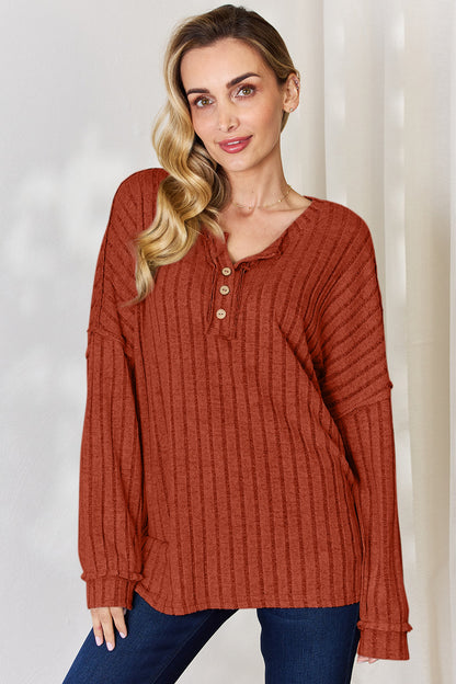 Basic Bae Full Size Ribbed Half Button Long Sleeve T-Shirt – Uneeque Designzz