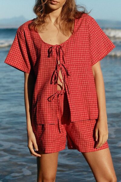 Plaid Tied Scoop Neck Short Sleeve Top and Drawstring Shorts Set – Uneeque Designzz