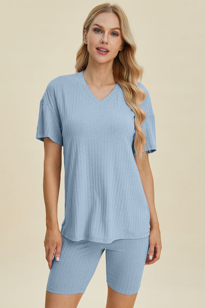 Basic Bae Full Size Ribbed V-Neck Short Sleeve Top and Shorts Set – Uneeque Designzz