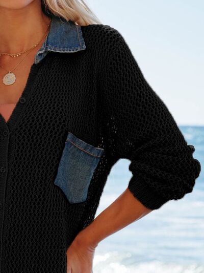 Side Slit Openwork Collared Neck Cover-Up – Uneeque Designzz