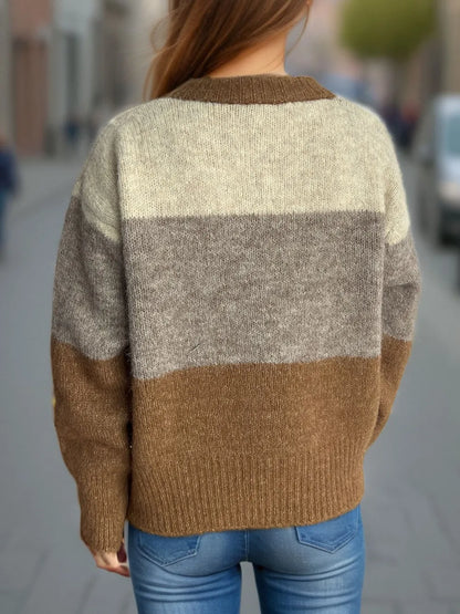 Women's Color Block Button-Up Round Neck Knit Cardigan – Uneeque Designzz