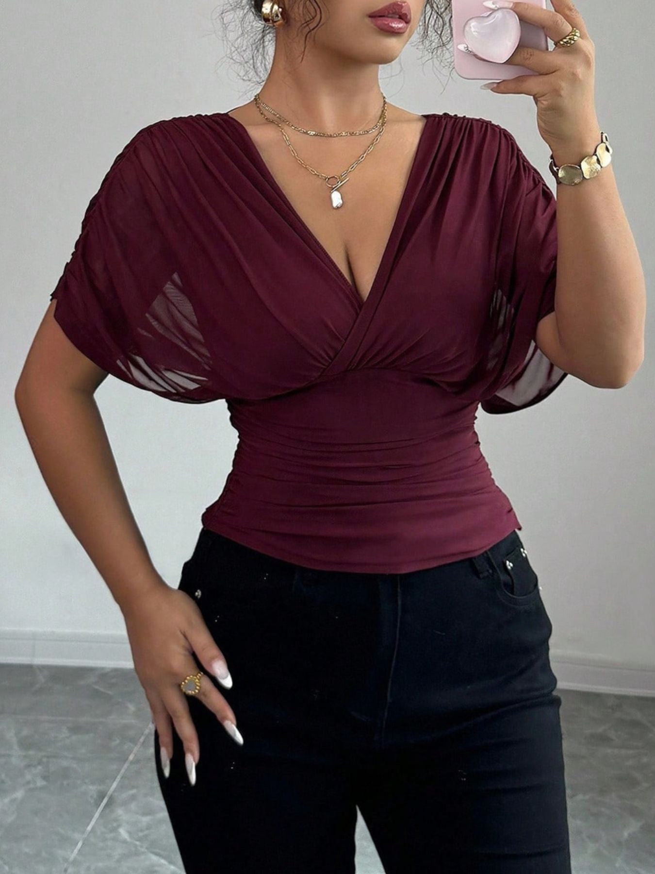 Ruched Surplice Short Sleeve Top by Trendsi