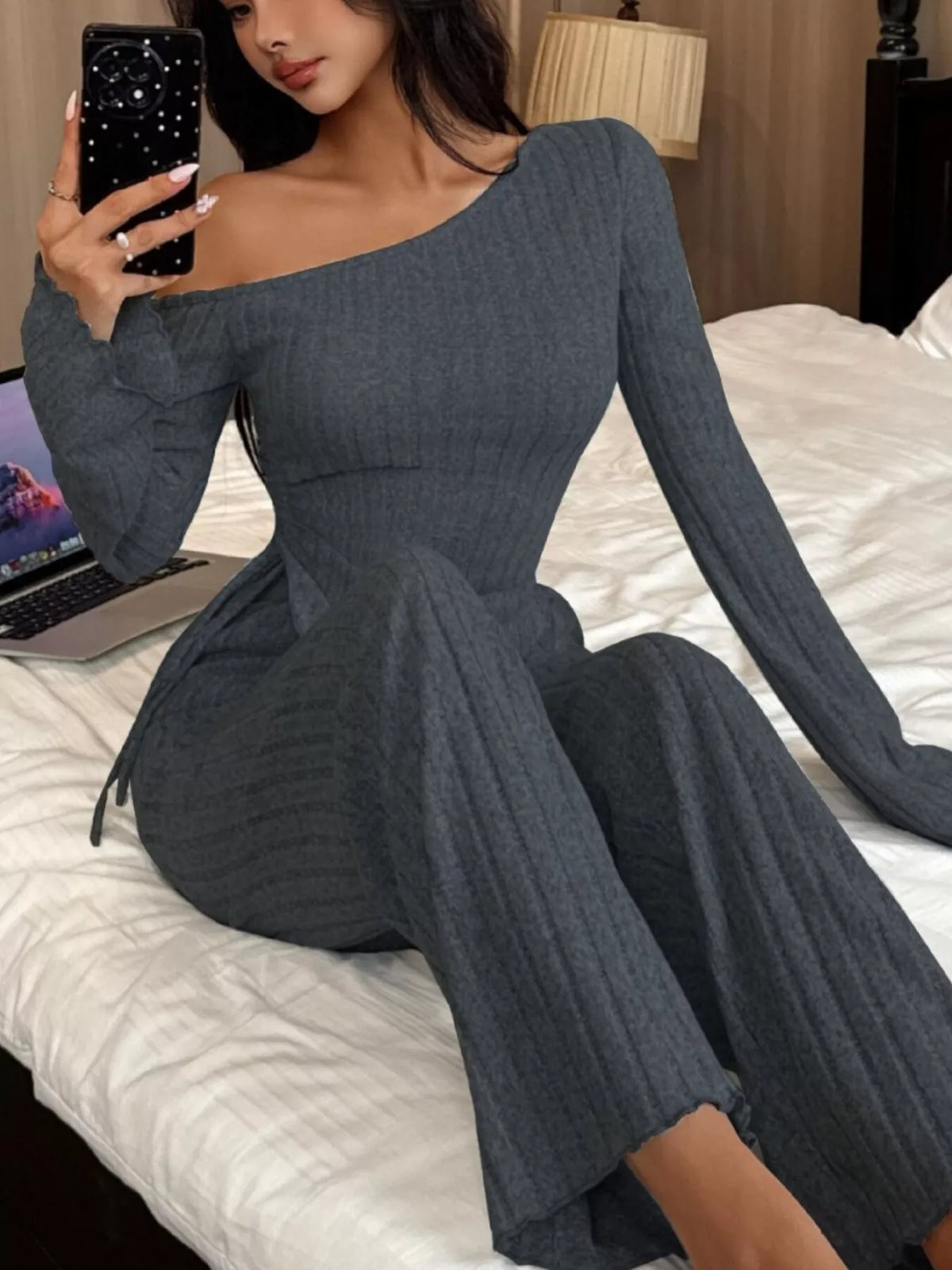 One-Shoulder Ribbed Knit Top and Pants Set by Trendsi