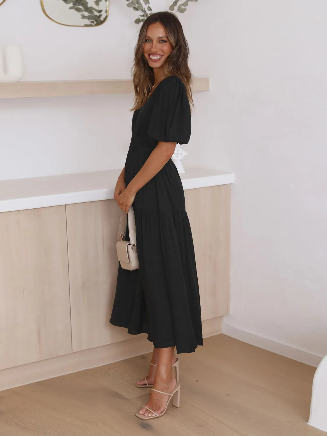 Tiered Surplice Half Sleeve Midi Dress by Trendsi