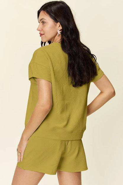 Double Take Full Size Texture Short Sleeve T-Shirt and Drawstring Shorts Set – Uneeque Designzz
