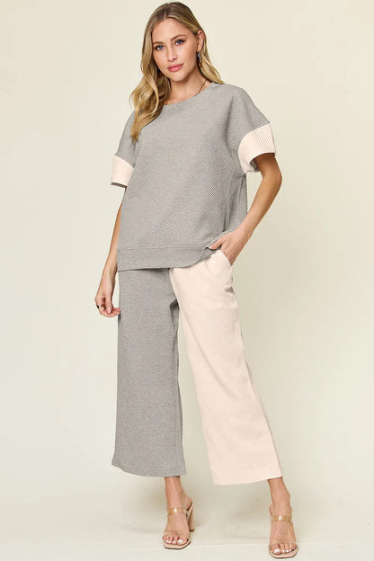 Double Take Full Size Texture Contrast T-Shirt and Wide Leg Pants Set – Uneeque Designzz