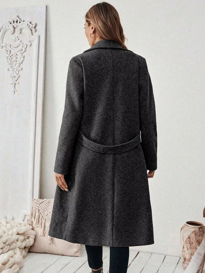 One Button Polyester Lapel Collar Belted Overcoat with Pockets – Uneeque Designzz