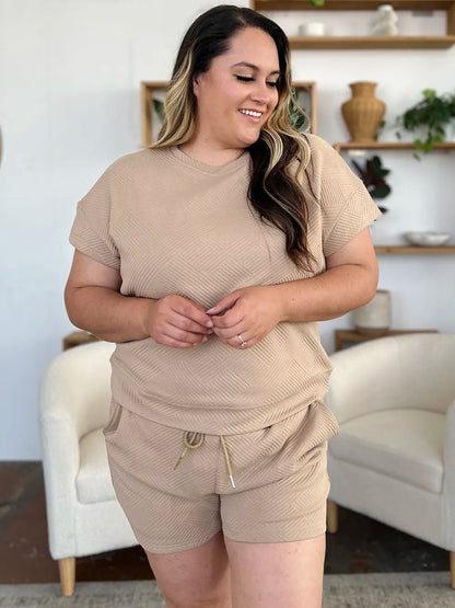 Double Take Full Size Texture Short Sleeve T-Shirt and Drawstring Shorts Set – Uneeque Designzz