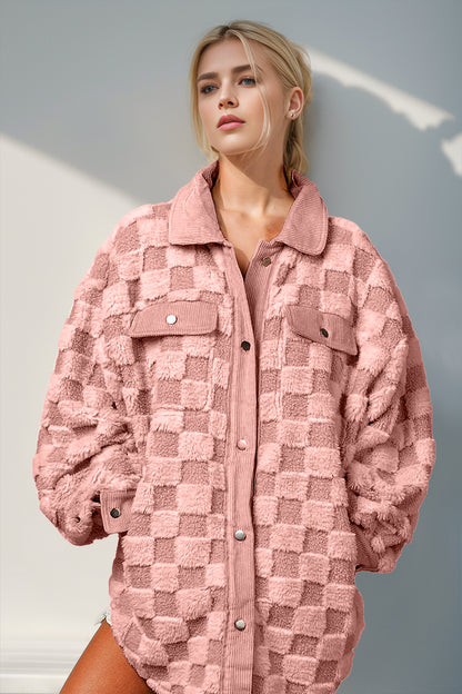 Double Take Button-Up Fuzzy Checkered Shacket – Uneeque Designzz