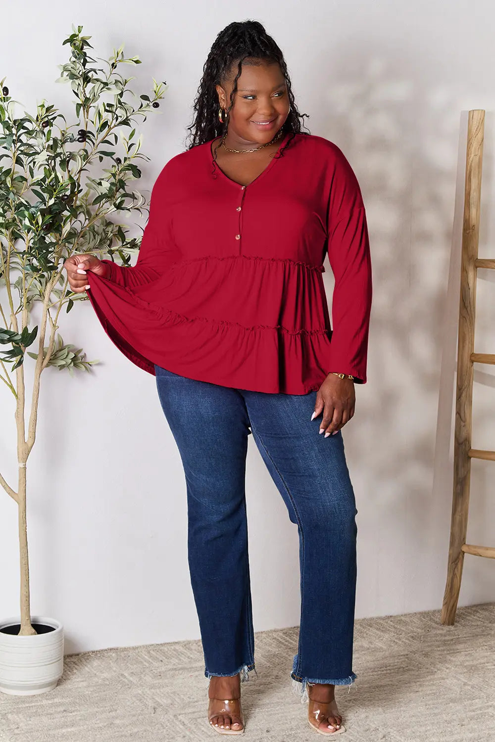 Double Take Half Button Long Sleeve Ruffle Hem Blouse by Trendsi