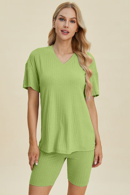 Basic Bae Full Size Ribbed V-Neck Short Sleeve Top and Shorts Set – Uneeque Designzz
