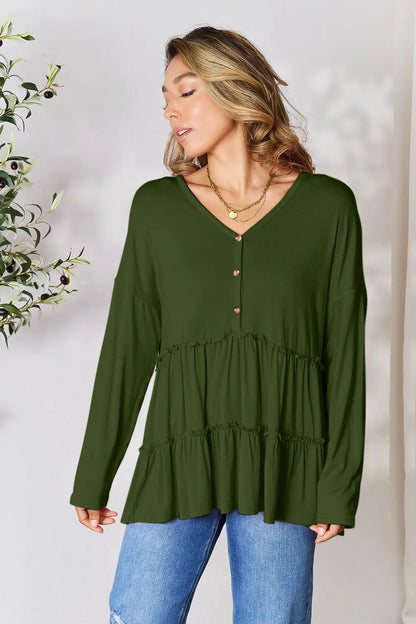 Double Take Half Button Long Sleeve Ruffle Hem Blouse – Uneeque Designzz