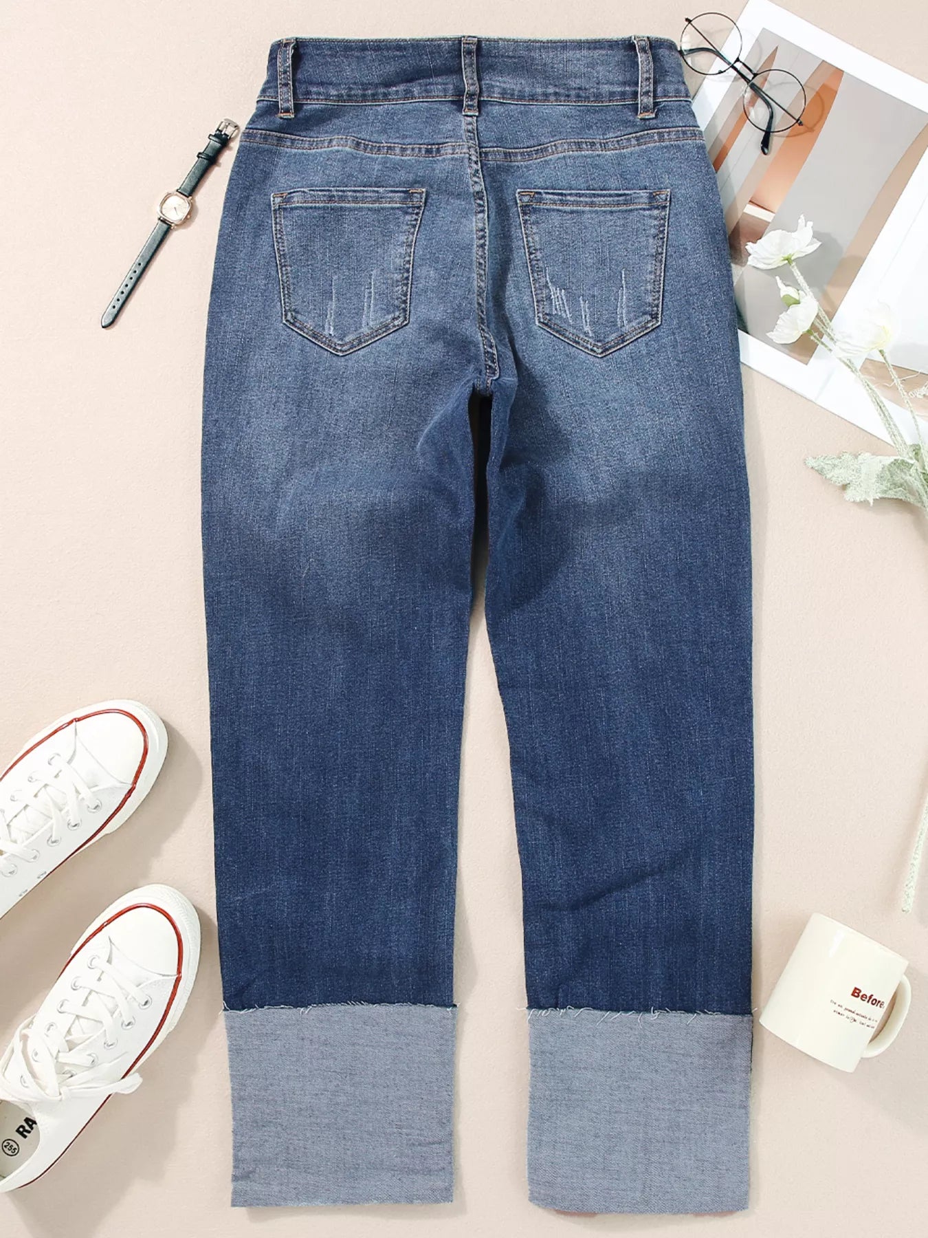 High Waist Distressed Straight Leg Jeans by Trendsi