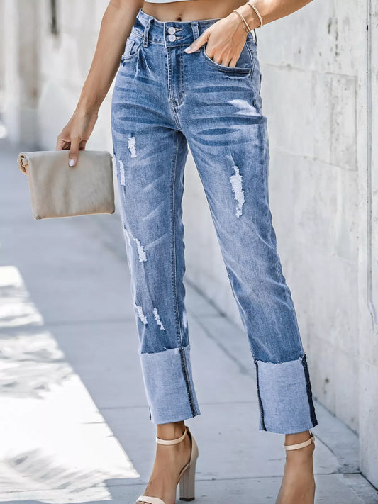 High Waist Distressed Straight Leg Jeans by Trendsi