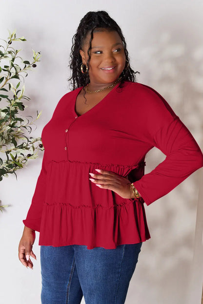Double Take Half Button Long Sleeve Ruffle Hem Blouse – Uneeque Designzz