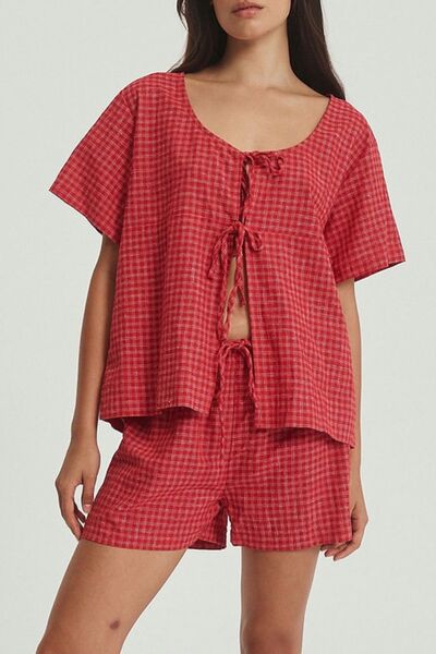 Plaid Tied Scoop Neck Short Sleeve Top and Drawstring Shorts Set – Uneeque Designzz
