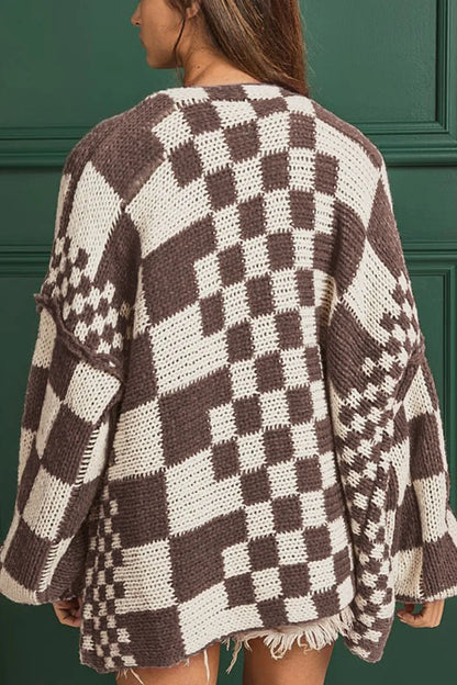 Checkered Open-Front Long Sleeve Stretch Cardigan – Uneeque Designzz