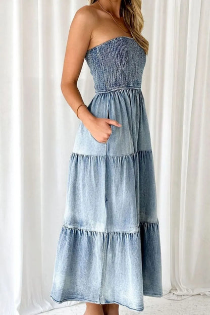 Smocked Tube Slit Tiered Denim Dress – Uneeque Designzz