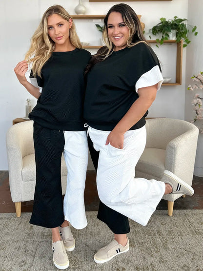 Double Take Full Size Texture Contrast T-Shirt and Wide Leg Pants Set – Uneeque Designzz