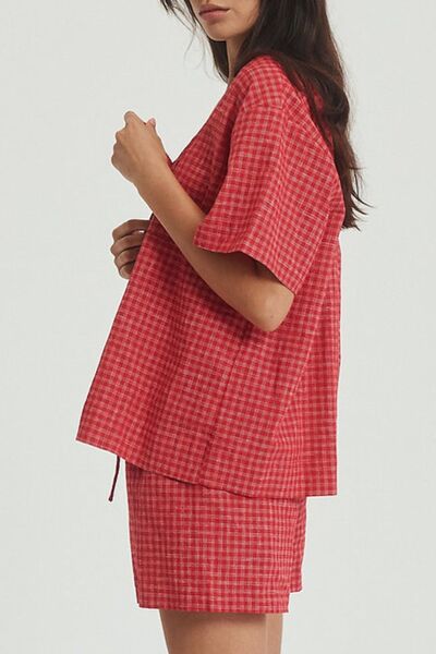 Plaid Tied Scoop Neck Short Sleeve Top and Drawstring Shorts Set – Uneeque Designzz
