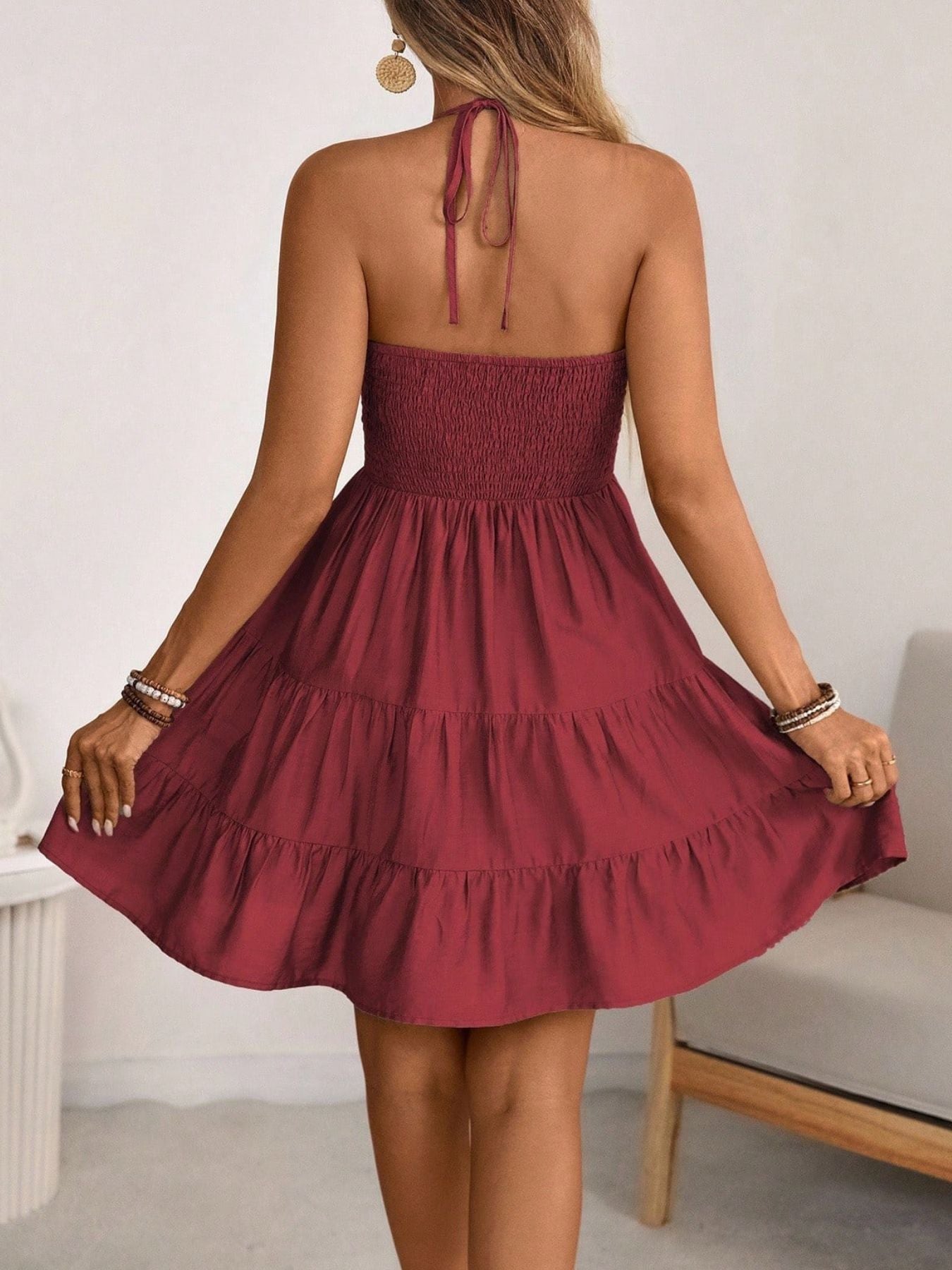 Smocked Halter Neck Tiered Dress by Trendsi