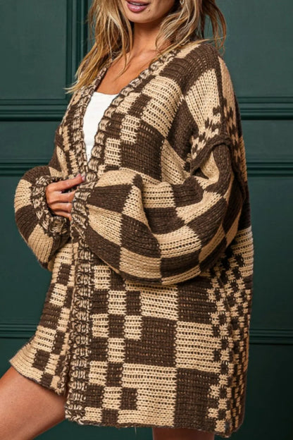 Checkered Open-Front Long Sleeve Stretch Cardigan – Uneeque Designzz