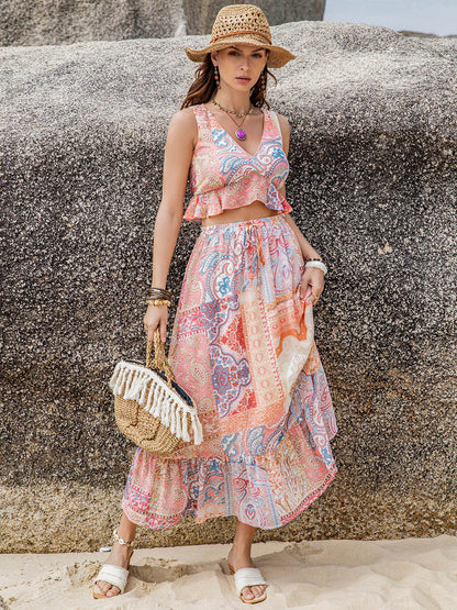 Printed V-Neck Top and Midi Skirt Set – Uneeque Designzz