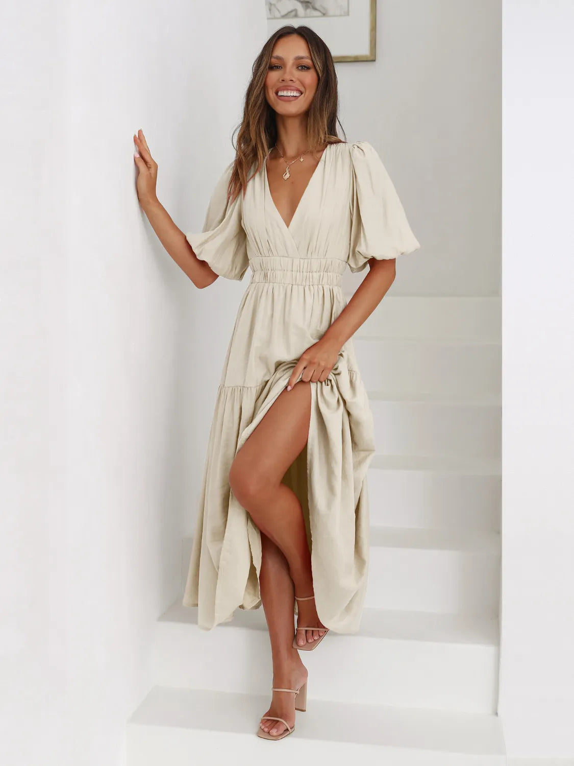 Tiered Surplice Half Sleeve Midi Dress by Trendsi
