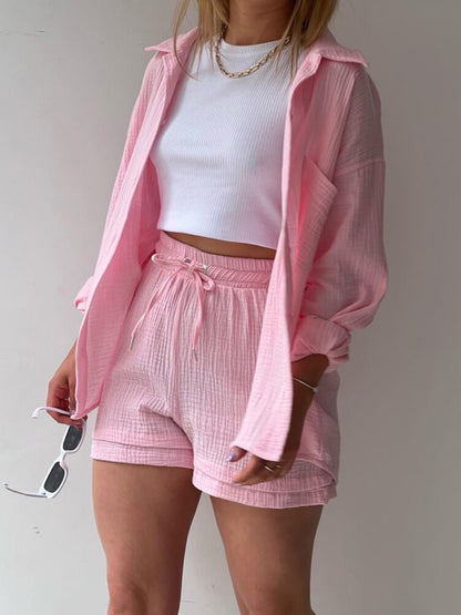 Texture Button-Up Shirt and Drawstring Shorts Set – Uneeque Designzz