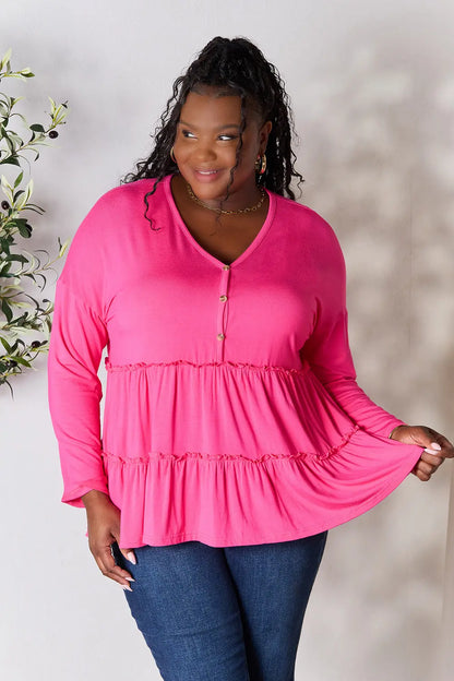 Double Take Half Button Long Sleeve Ruffle Hem Blouse – Uneeque Designzz