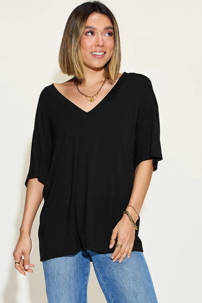 Basic Bae Full Size Bamboo V-Neck Drop Shoulder T-Shirt – Uneeque Designzz
