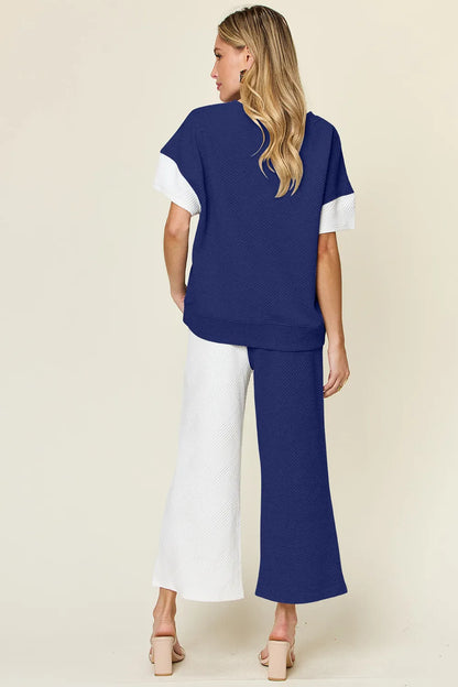 Double Take Full Size Texture Contrast T-Shirt and Wide Leg Pants Set – Uneeque Designzz