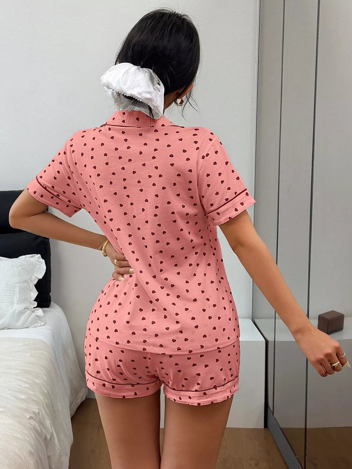 Heart Print Button-Down Short Sleeve Top and Shorts Lounge Set by Trendsi