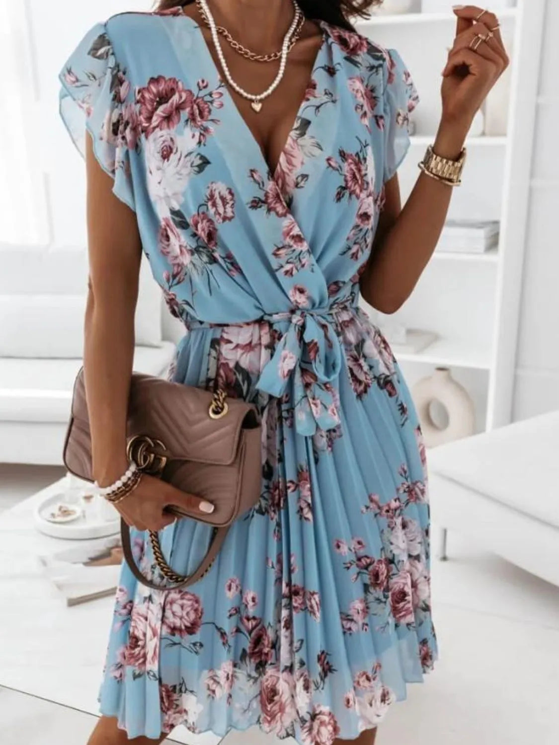 Floral Surplice Ruffled Cap Sleeve Dress by Trendsi