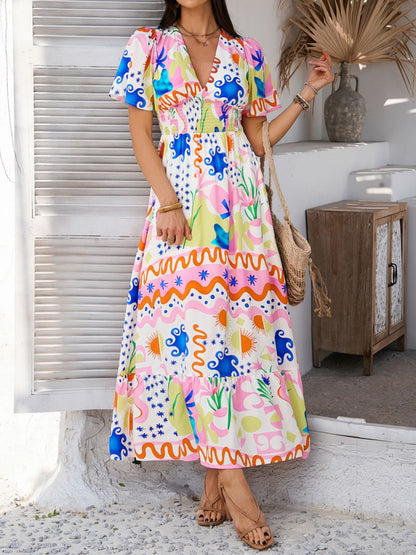 Devine Smocked Printed V-Neck Short Sleeve Maxi Dress – Uneeque Designzz