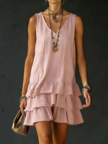 Plus Size Tiered Ruffled Hem V-Neck Sleeveless Dress Polyester – Uneeque Designzz