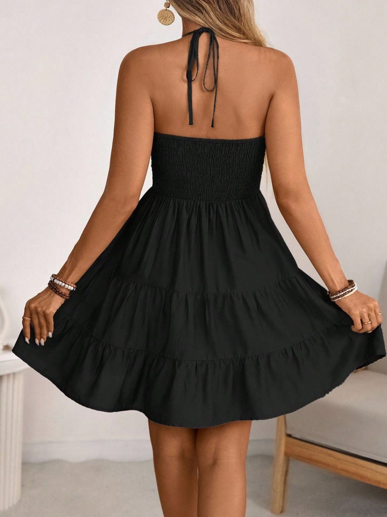 Smocked Halter Neck Tiered Dress by Trendsi