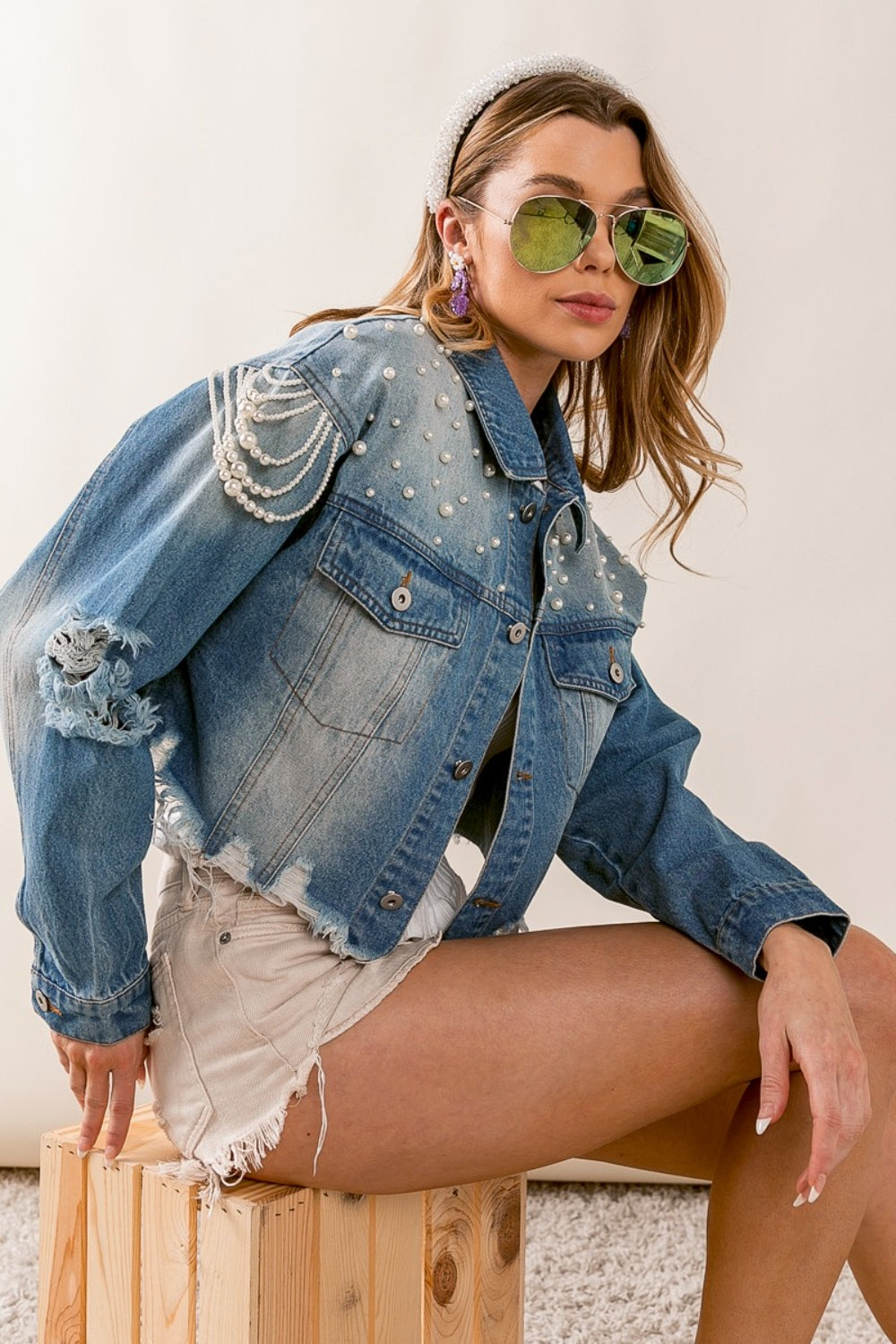 Pearl Detail Cropped Denim Jacket - Chic & Edgy | Uneeque Designzz