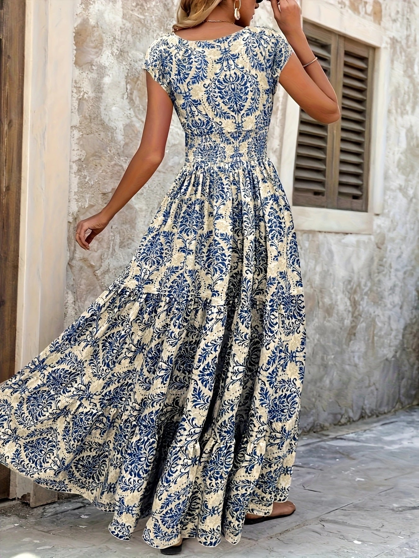 Printed Cap Sleeve Maxi Dress by Trendsi