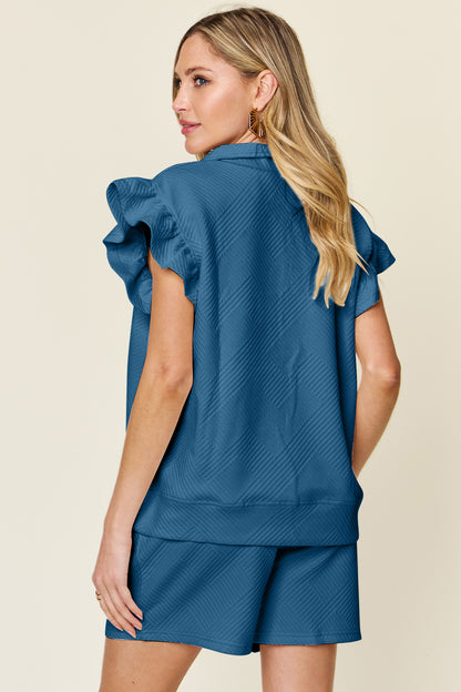 Double Take Full Size Texture Flounce Sleeve Top and Drawstring Shorts Set – Uneeque Designzz