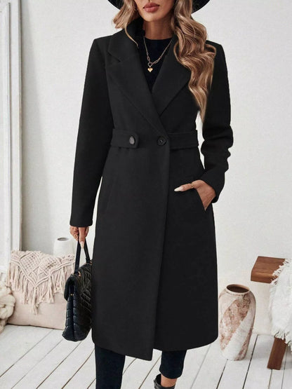 One Button Polyester Lapel Collar Belted Overcoat with Pockets – Uneeque Designzz