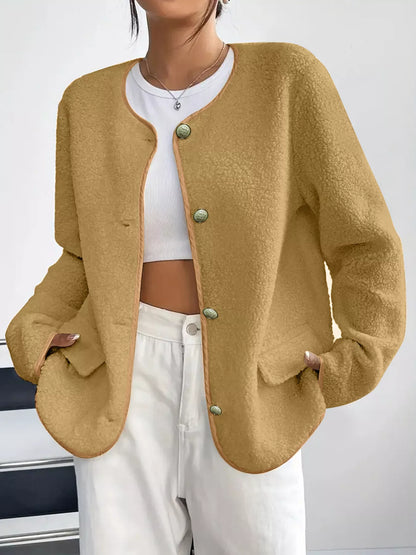Textured Button Front Fleece Jacket Plus Size Casual Outerwear – Uneeque Designzz
