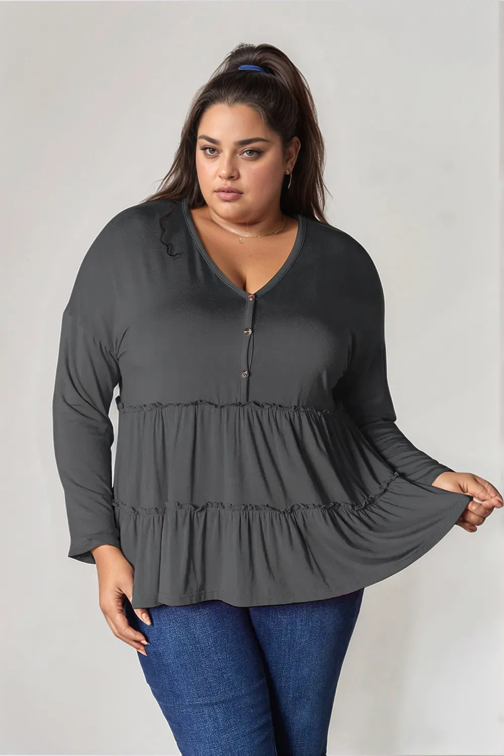 Double Take Half Button Long Sleeve Ruffle Hem Blouse by Trendsi