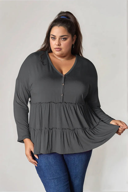 Double Take Half Button Long Sleeve Ruffle Hem Blouse – Uneeque Designzz