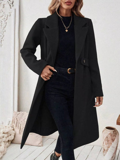 One Button Polyester Lapel Collar Belted Overcoat with Pockets – Uneeque Designzz
